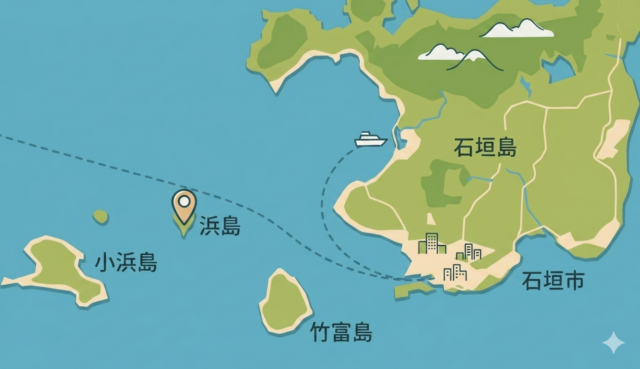 石垣島（石垣市）から浜島、竹富島、小浜島へのアクセスルートを示す地図。